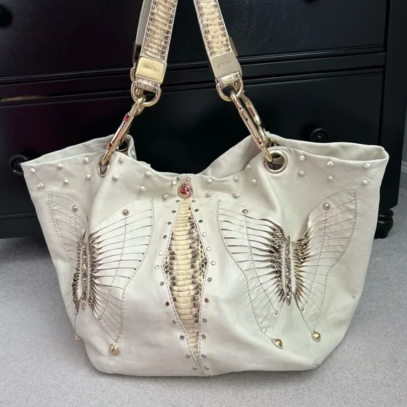 ❗️SOLD❗️ Jimmy Choo Lohla Jane Hobo Bag Ivory Studded Leather Python Snakeskin - Picture 3 of 9